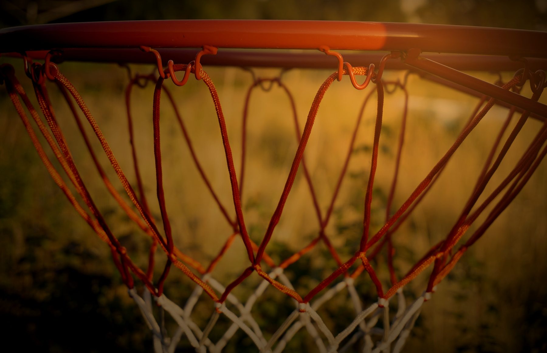 Close view of a worn basketball rim and net